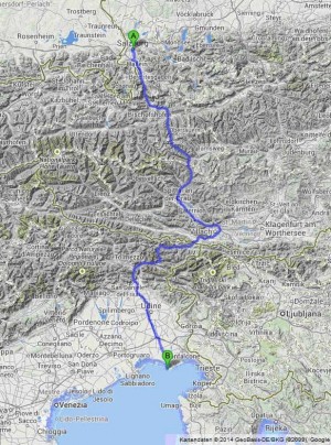 Bild: Der Alpe Adria Radweg führt vom österreichischen Salzburg über die Alpen bis zu Grado in Italien an der Adria. Bildquelle: Google.